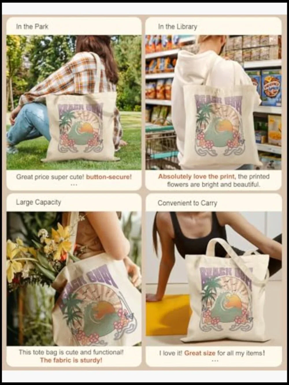 Large Capacity Canvas Tote Bag Reusable Grocery Shopping Magnetic Buckle Zipper
